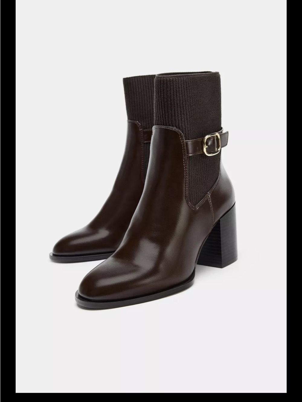 NWT Zara Brown Heeled Ankle Boots - Knit Detail & Gold Buckle - Size 38 (7.5)